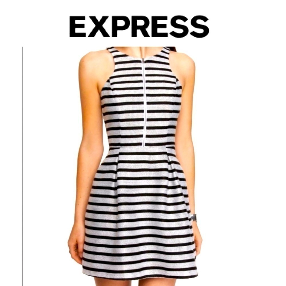 EXPRESS Women’s Sleeveless Halter Black & White Striped Fit & Flare Dress Size 8